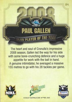 2009 Select Classic - Club Player of the Year #CP4 Paul Gallen Back